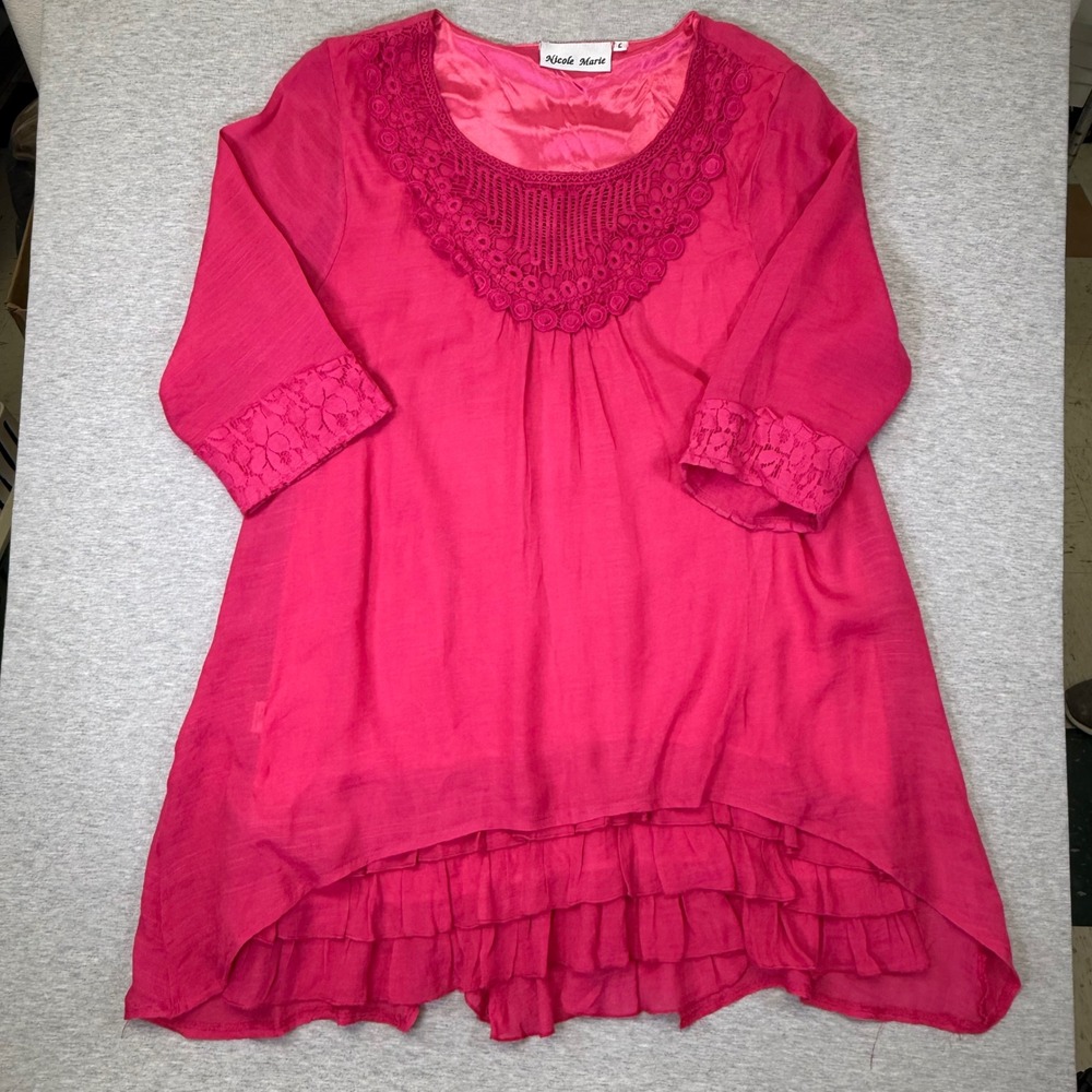 Nicole Marie Hot‎ Pink Crochet Lace Neck Ruffle Hem 3/4 Sleeve Tunic Top Large